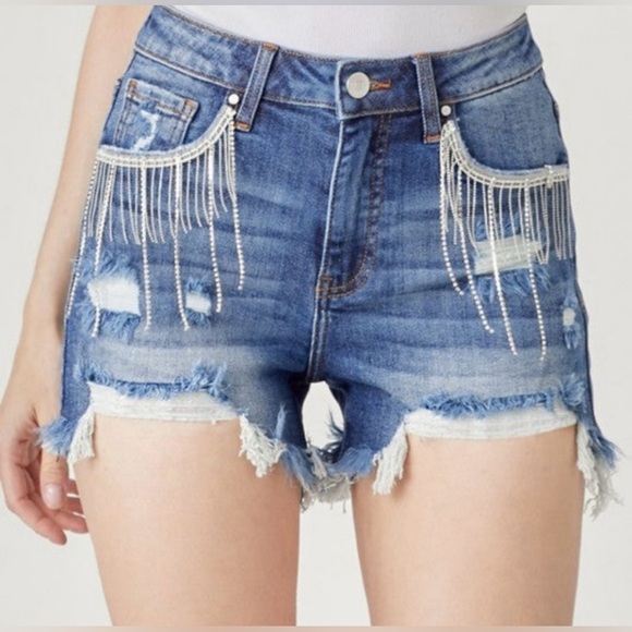 Rise Jeans women's blue denim shorts with rhinestone size M high rise 93% cotton - Picture 7 of 9